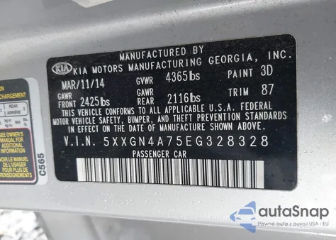 2014 Kia Optima Ex from USA, damaged, VIN 5XXGN4A75EG328328